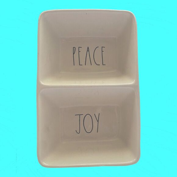 Rae Dunn PEACE & JOY Christmas 2 Compartment Divided Candy Nut Dish 8x5.5 - Picture 4 of 8